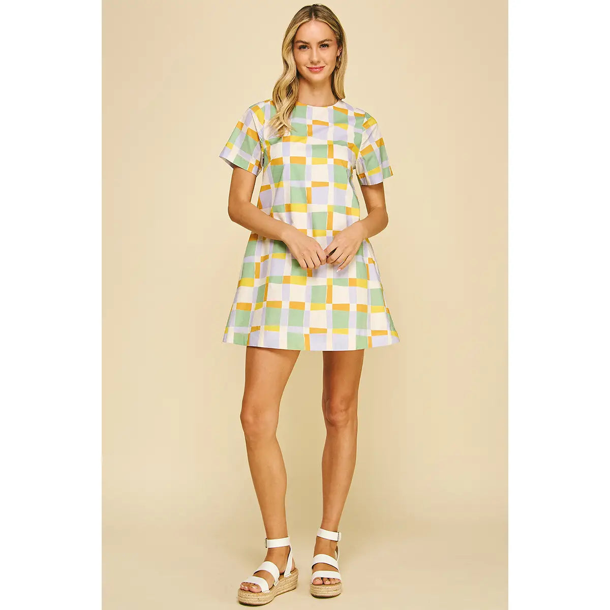 Color Block Mini Dress - Green/Lavender Chic Puff Sleeve Mini Dress