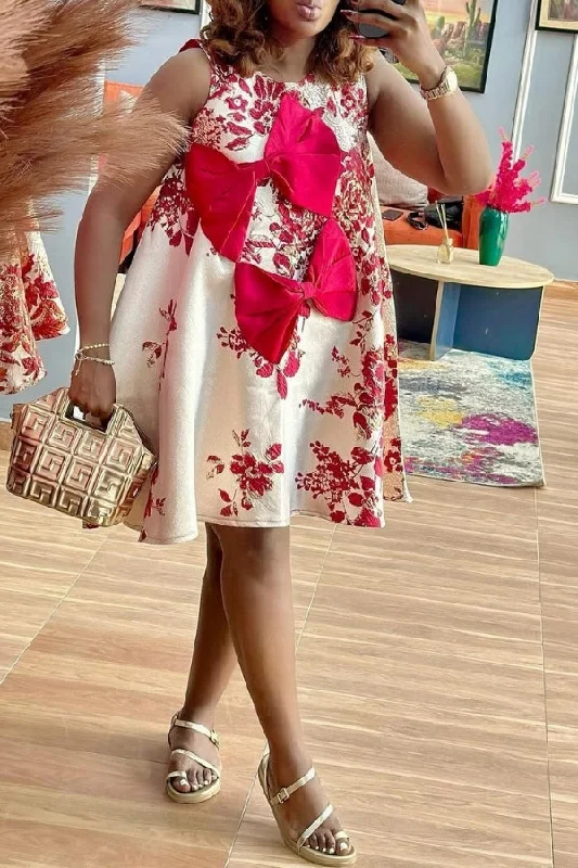 Bow Decor Floral Print Sleeveless Sweet Mini Dress Comfortable Fit-and-Flare Mini Dress