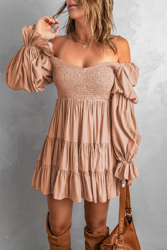 Boho Solid Shirred Ruffle Long Sleeve Mini Dress Comfortable Bodycon Mini Dress