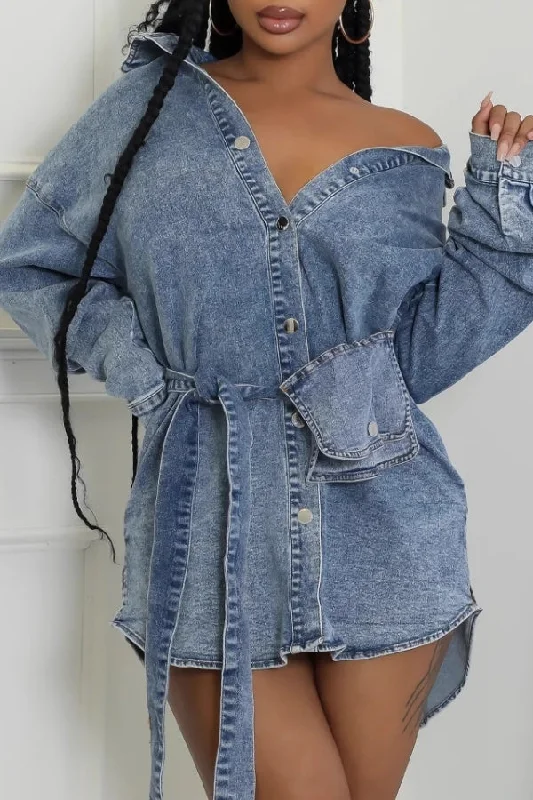 Solid Color Denim Casual Single Breasted Belted Mini Dress Comfortable Shift Mini Dress