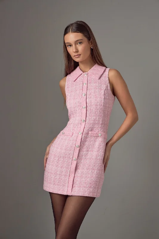 Endless Rose - Paige Tweed Collared Mini Dress Elegant Floral-Print Mini Dress