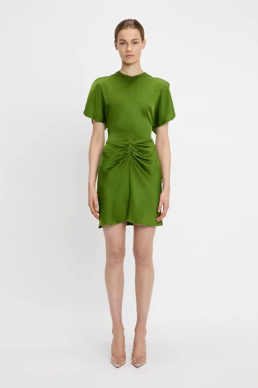 Gathered Waist Mini Dress In Algae Comfortable Polka Dot Mini Dress