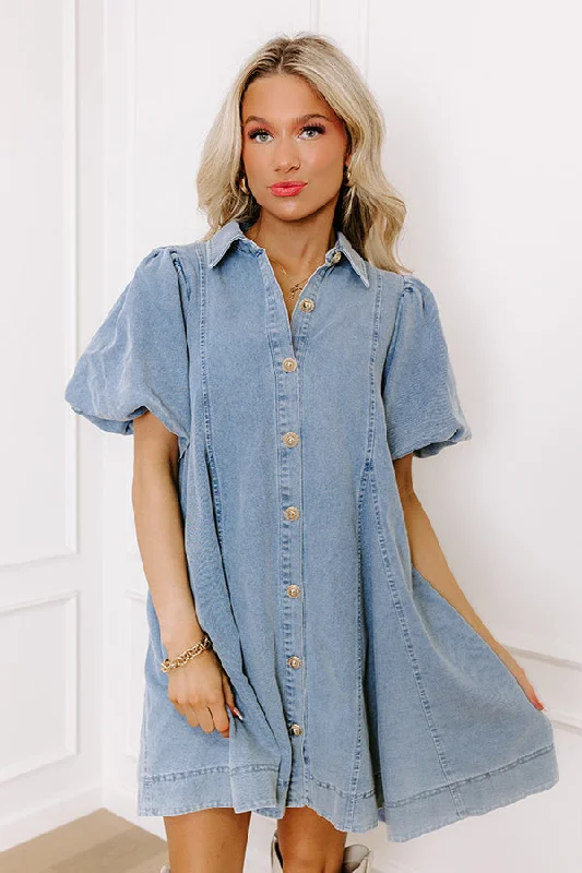 Dreamy Days Denim Mini Dress Cozy A-Line Mini Dress
