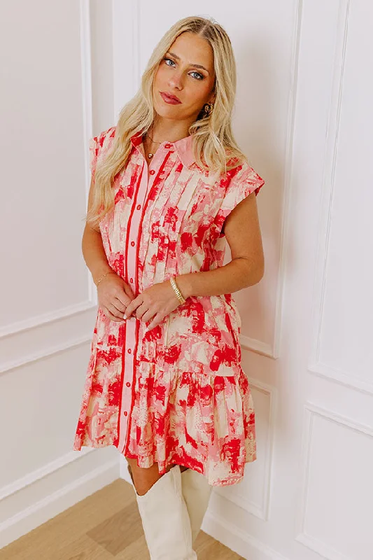 Artistic Flow Button Down Mini Dress in Scarlet Elegant Mini Dress with Ruffles