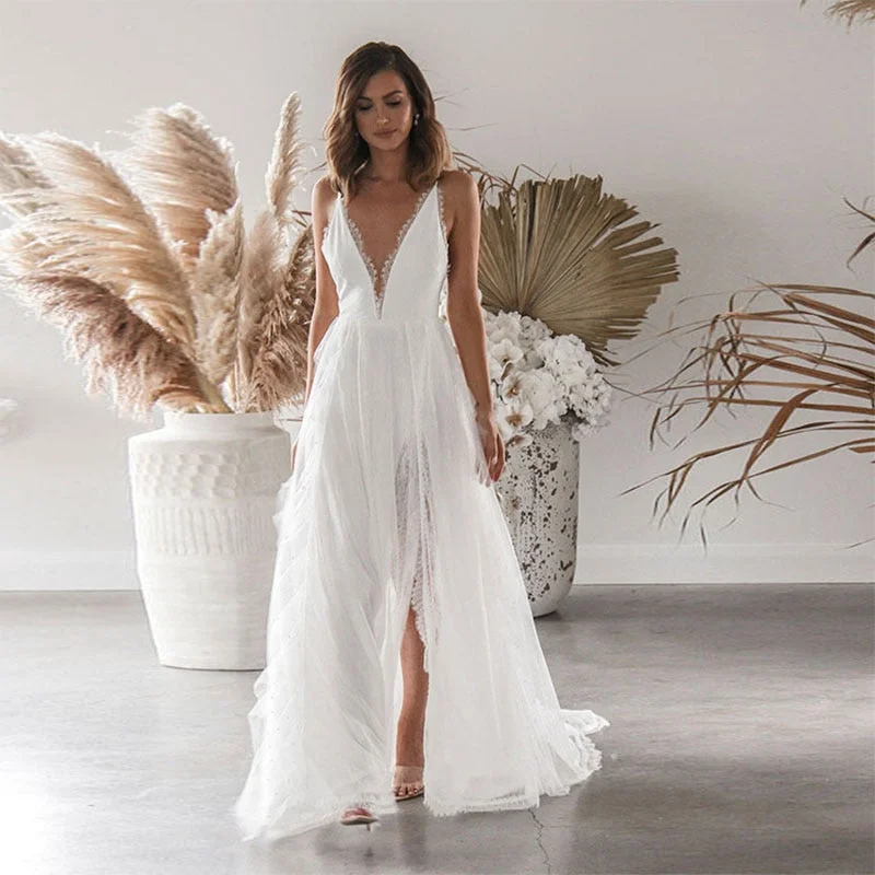 Zjkrl Woman Wedding Maxi Slip Dress Summer Sexy Bridesmaid Banquet White Split V Neck Backless Lace Female Long Elegant Evening Dress Tunics Fashionable trendy