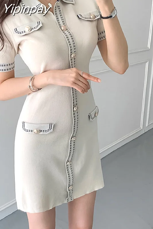 Yipinpay Collar Knitted button mini dress sexy summer 2023 short Sleeve robe dresses vintage Sheath jurk women Chic Tropical Mini Dress Yipinpay Collar Knitted button mini dress sexy summer 2023 short Sleeve robe dresses vintage Sheath jurk women Chic Tropical Mini Dress