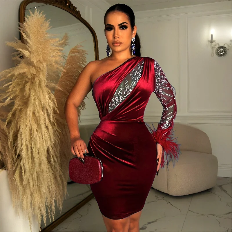 Sexy Feather Hot Rhinestone One Shoulder Party Club Mini Dress Women Velvet  Long Sleeve Backless Elegant Outfit Evening Dresses Tunics Canvas sturdy