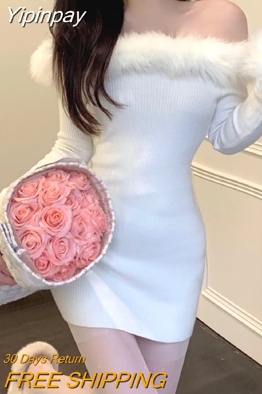 Yipinpay Bodycon Y2k Mini Dress Woman Off Shoulder Elegant Knitted Dress Faux Fur One Piece Dress Korean Fashion 2023 Winter Slim Fashionable Mini Dress with Pockets Yipinpay Bodycon Y2k Mini Dress Woman Off Shoulder Elegant Knitted Dress Faux Fur One Piece Dress Korean Fashion 2023 Winter Slim Fashionable Mini Dress with Pockets
