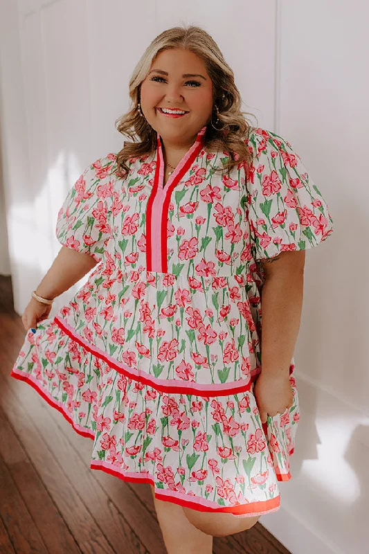 Fresh Horizon Floral Mini Dress in Pink Curves Comfortable Ruffle Mini Dress