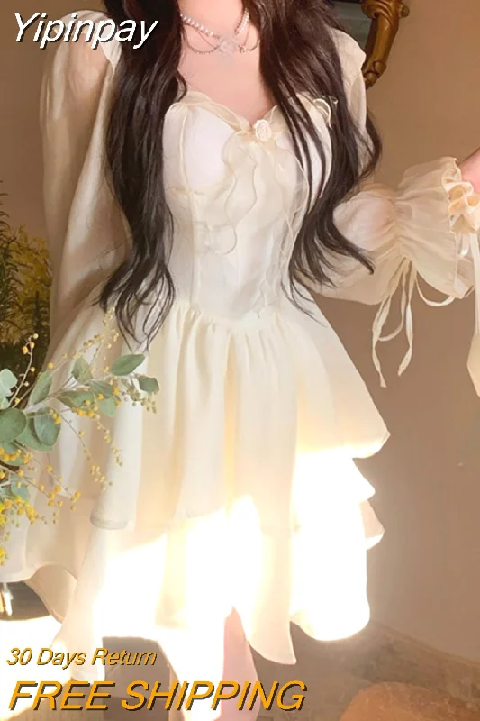 Yipinpay Sweet Y2k Mini Dress Woman Pink Kawaii Long Sleeve Dress Party 2023 Summer Elegant One Piece Dress Korean Fashion Chic Stylish Floral Print Mini Dress