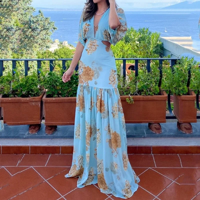 Women Maxi Dress Summer Sexy Elegant V Neck Puff Sleeve Leaky Waist Floral Print Long Skirt Party Evening Dresses Off-the-shoulder Chic Trendy Women Maxi Dress Summer Sexy Elegant V Neck Puff Sleeve Leaky Waist Floral Print Long Skirt Party Evening Dresses Off-the-shoulder Chic Trendy