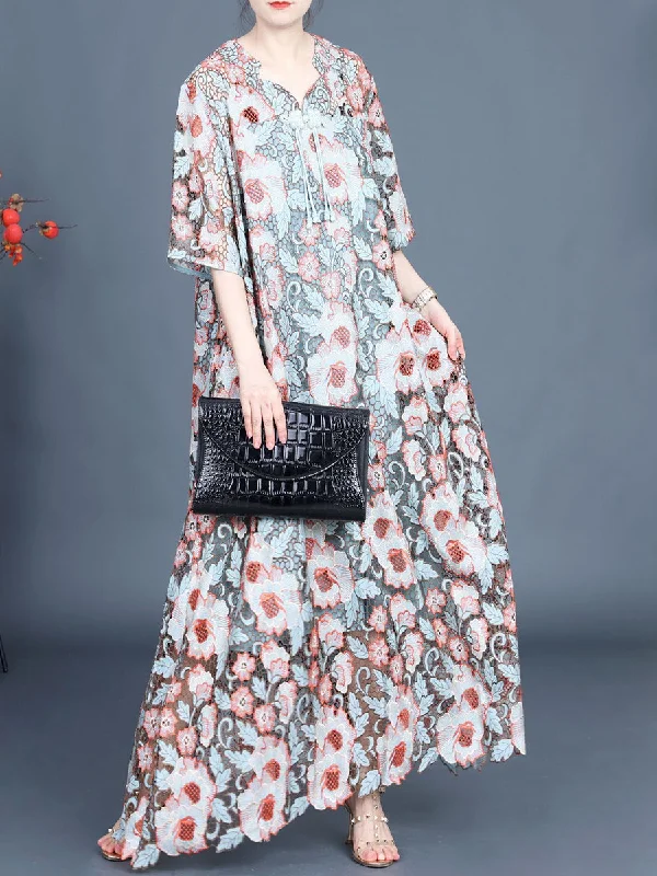 Women Artsy Summer Flower Lace Dual-layer Maxi Dress KL1051 sweetheart Neckline Romantic Women Artsy Summer Flower Lace Dual-layer Maxi Dress KL1051 sweetheart Neckline Romantic