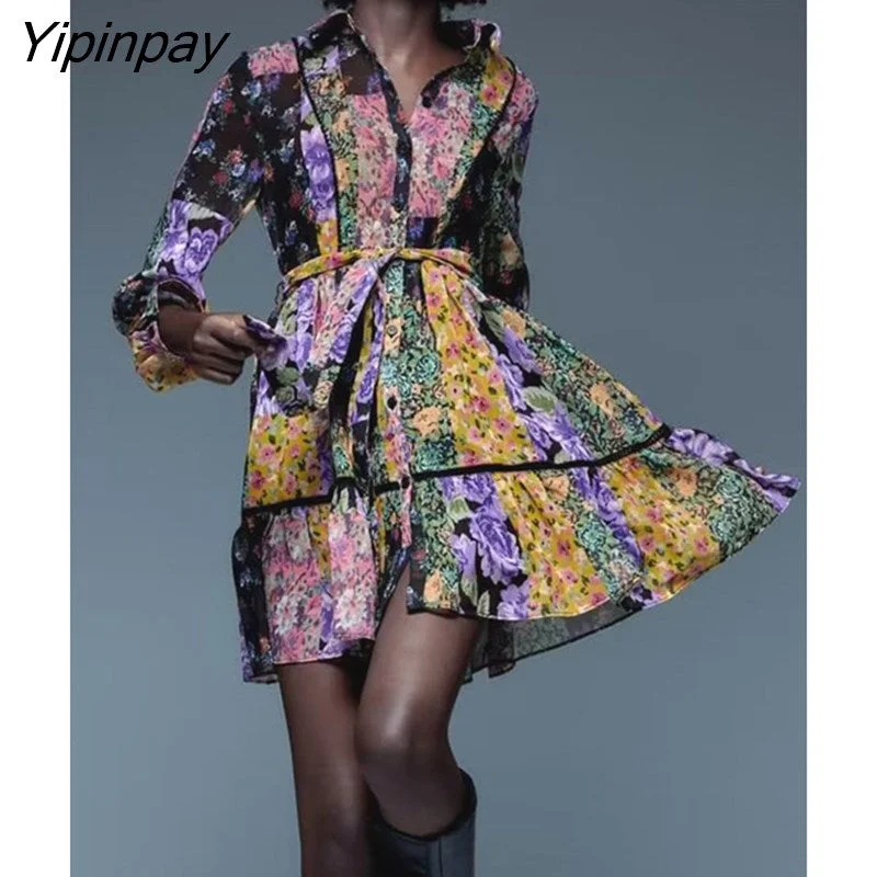 Yipinpay 2023 Spring Autumn Women Printed Mini Dresses With Belt Elegant Turn Down Collar Dress A-line Long Sleeve Vestidos Classic Floral Mini Dress