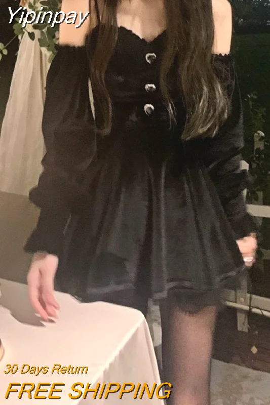Yipinpay Black Velvet Dress Evening Party Long Sleeve Y2k Mini Dress Women Vintage Elegant One Piece Dress Korean 2023 Autumn Cozy Jersey Mini Dress