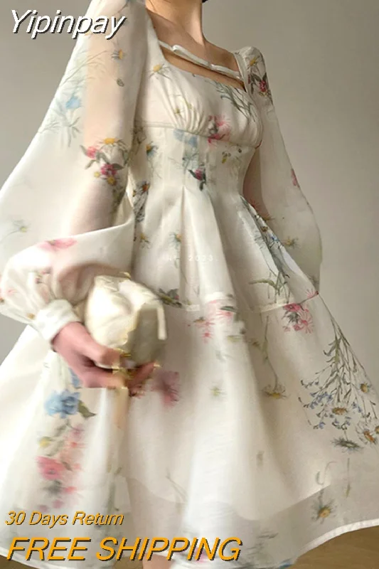 Yipinpay Summer Korean Fashion Y2k Mini Dress Woman Beach Chiffon Elegant Floral Sundress Party Casual Vintage Dress Office Lady Classic Floral Mini Dress
