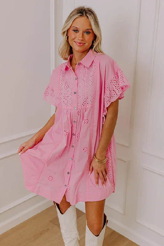 Brunch Ready Eyelet Mini Dress in Pink Chic Mini Dress with V-Neck