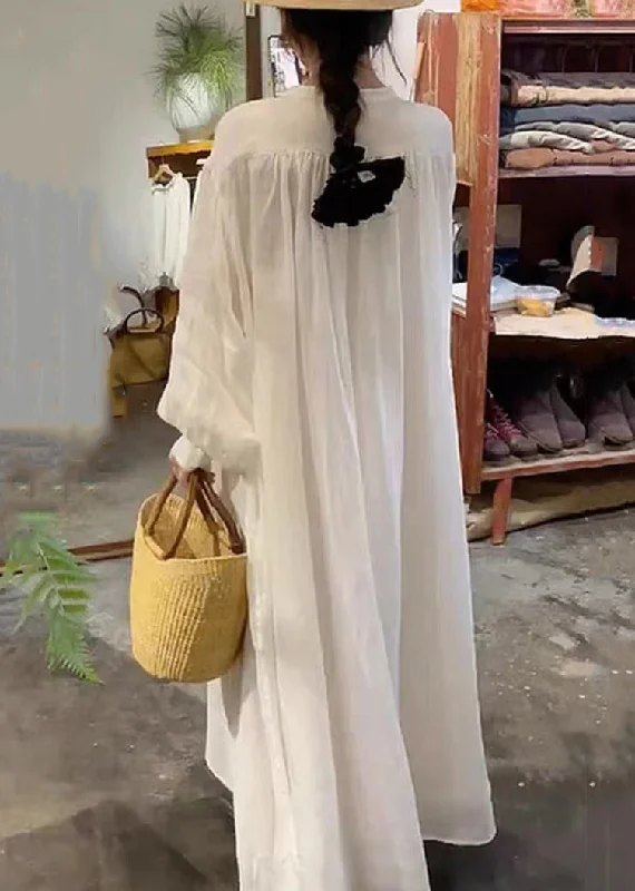 New White Solid O-Neck Cotton Long Dress Spring AS1003 Tunics Evening elegant