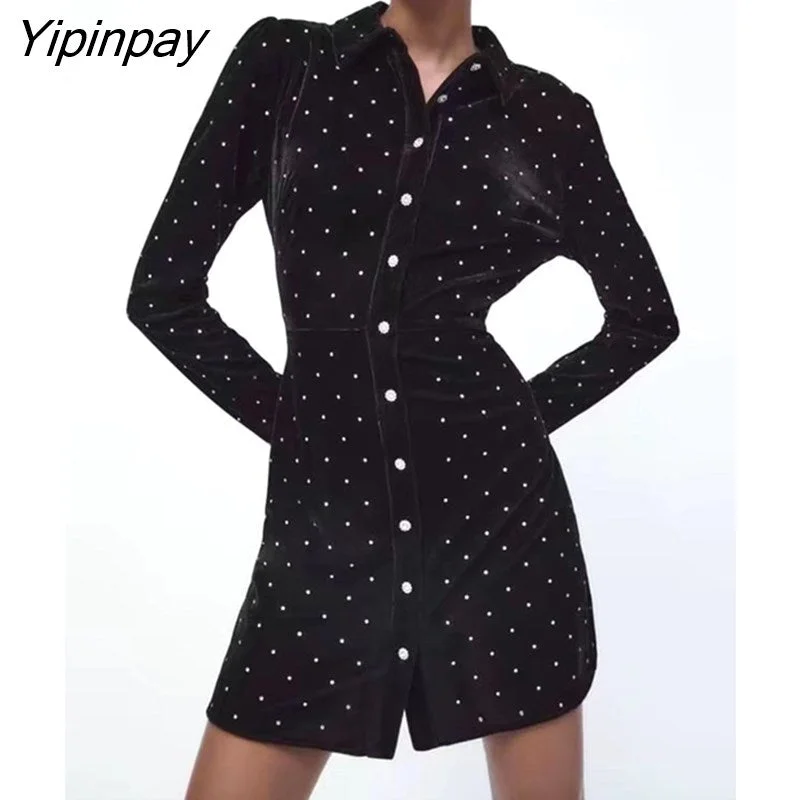 Yipinpay 2023 Autumn Women Velvet Mini Dresses Elegant Turn Down Collar Single Breasted Dresses Vintage Simple Long Sleeve Vestidos Elegant Satin Mini Dress