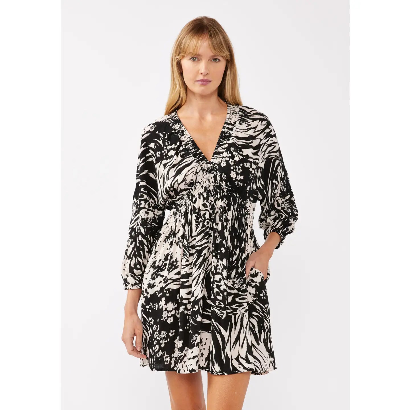 Marissa Smocked V-Neck Babydoll Mini Dress Fashionable Pleated Mini Dress