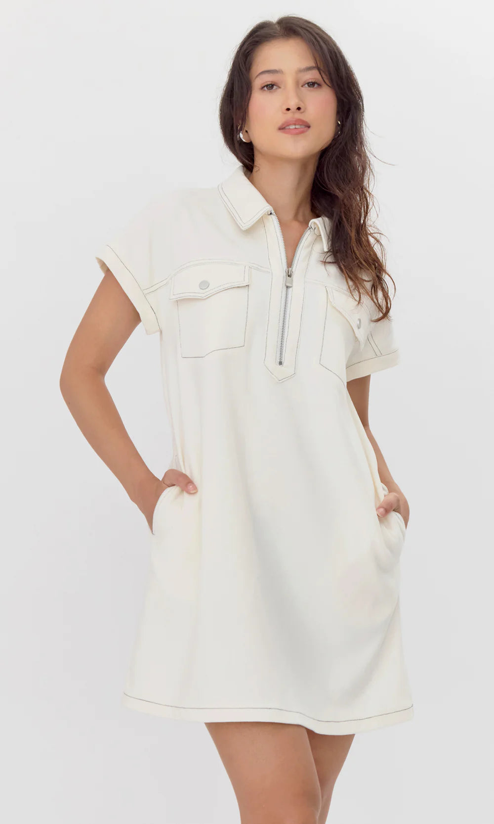 Aida Brushed Canvas Twill Mini Dress Stylish Short-Sleeve Mini Dress