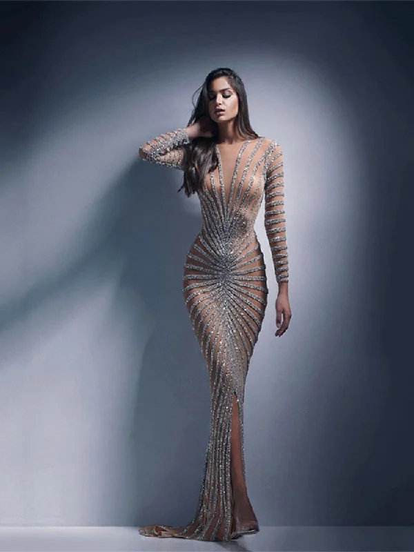 Women Mesh Sequins Maxi Dress Female Sexy V Neck Long Sleeve Split Fishtail Dresses Summer LadIES Party Evening Long Dress Gown Maxi Flowy Bohemian