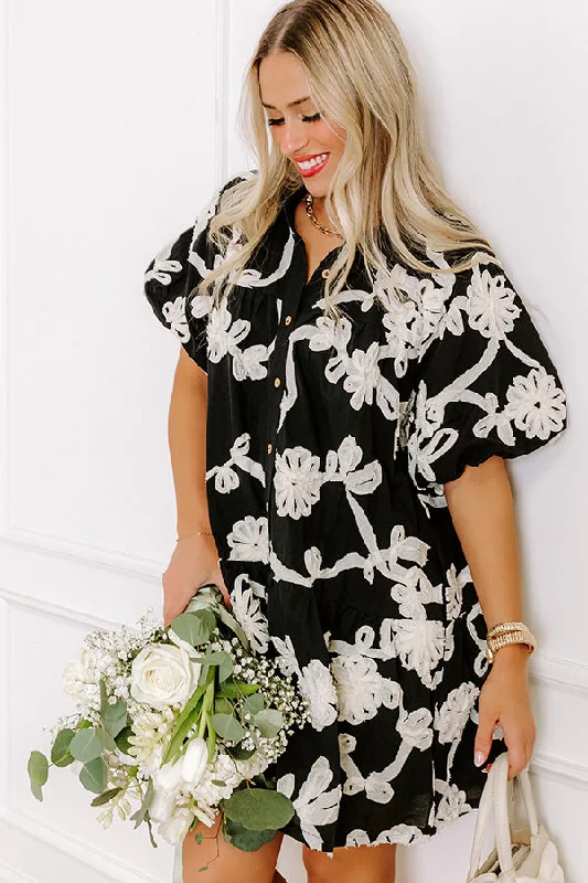 Floral Statement Embroidered Mini Dress in Black Trendy Mesh Mini Dress