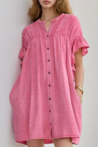 Ruffled Short Sleeve Buttoned Denim Mini Dress Cozy Ribbed Mini Dress