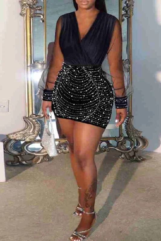 Mesh Patchwork Rhinestone & Beaded Decor Chic Mini Dress Casual Button-Up Mini Dress Mesh Patchwork Rhinestone & Beaded Decor Chic Mini Dress Casual Button-Up Mini Dress