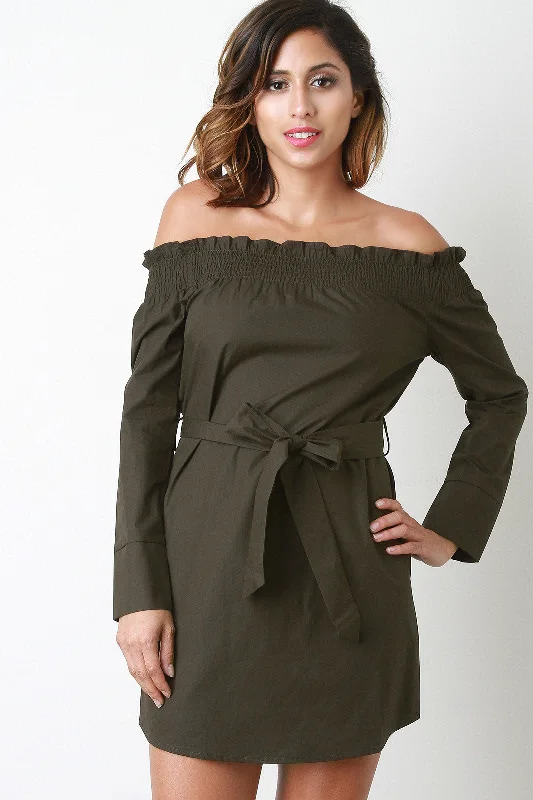 Long Sleeves Off-The-Shoulder Mini Dress Casual V-Neck Mini Dress
