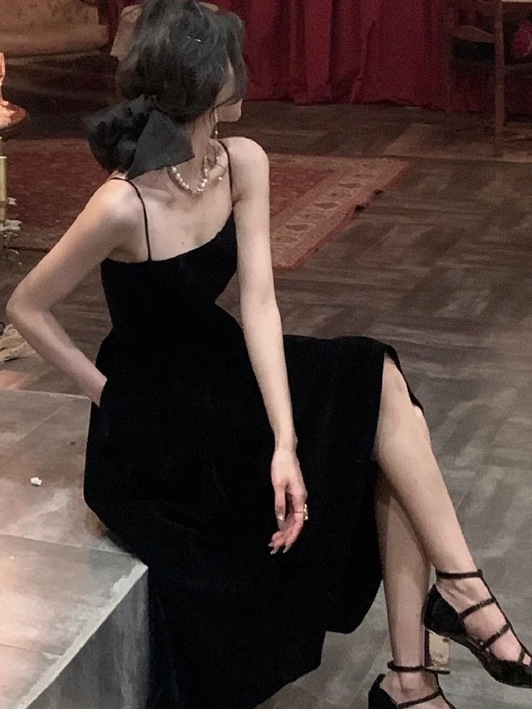 Zjkrl Summer Women Elegant Spaghetti Strap Midi Black Velvet Dress Sexy Prom Evening Party Birthday Club Fashion Clothing Tunics Vintage classic
