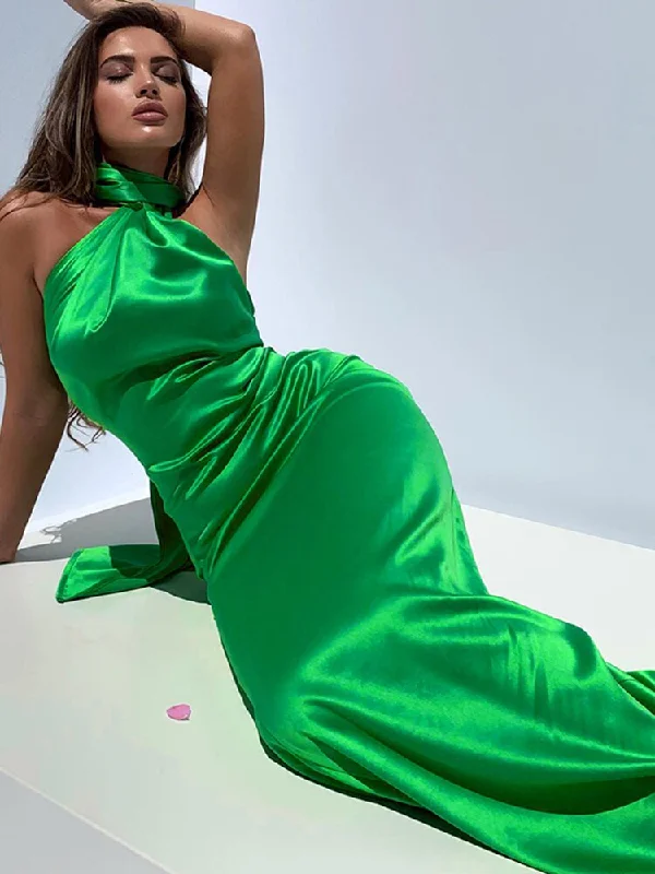 Zjkrl Summer Sexy Halter Evening Backless Satin Long Dresses for Women Elegant Sleeveless Fashion Celebrity Maxi Club Party Dress Tunics Summer linen
