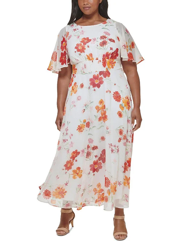 Plus Womens Smocked Long Maxi Dress Tunics Solid Classic