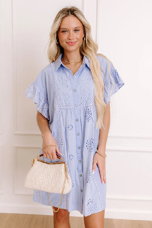 Brunch Ready Eyelet Mini Dress in in Light Periwinkle Fashionable Party Mini Dress