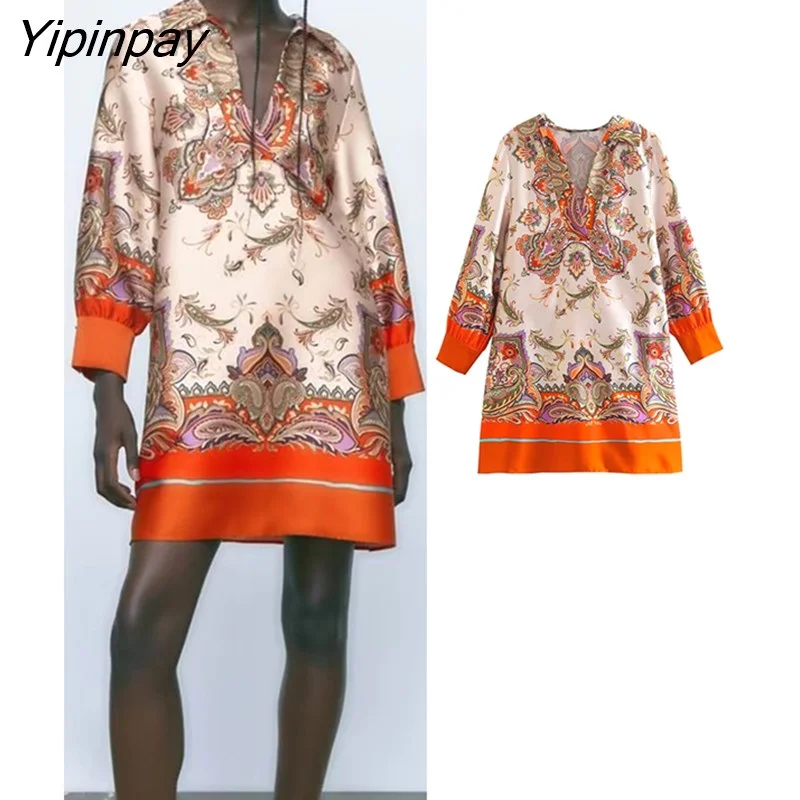 Yipinpay Elegant Women Printed Dresses 2023 Spring Autumn Fashion Vintage V-neck Mini Dresses Long Sleeve Soft Causal Vestidos Comfortable Fit-and-Flare Mini Dress Yipinpay Elegant Women Printed Dresses 2023 Spring Autumn Fashion Vintage V-neck Mini Dresses Long Sleeve Soft Causal Vestidos Comfortable Fit-and-Flare Mini Dress