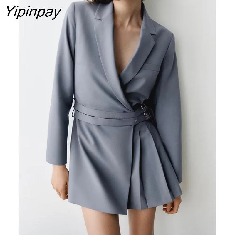 Yipinpay Elegant Women Gray Blazer Dresses With Belt 2023 Fashion Office Outfits Mini Dress Notched Collar Long Sleeve Dress Casual High-Waist Mini Dress Yipinpay Elegant Women Gray Blazer Dresses With Belt 2023 Fashion Office Outfits Mini Dress Notched Collar Long Sleeve Dress Casual High-Waist Mini Dress