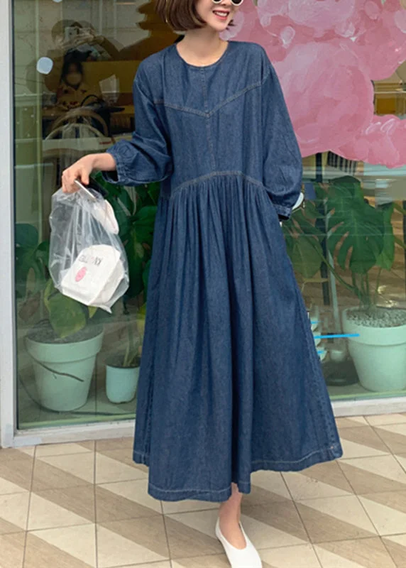 Casual Denim Blue O-Neck Wrinkled Patchwork Long Dress Spring TT1049 Tunics Exclusive limited