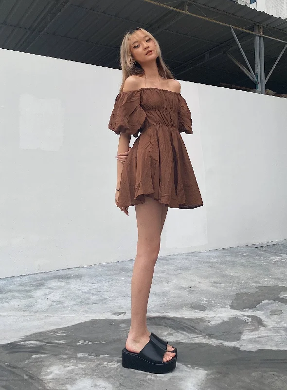 Halton Mini Dress Brown Crew Neckline Casual