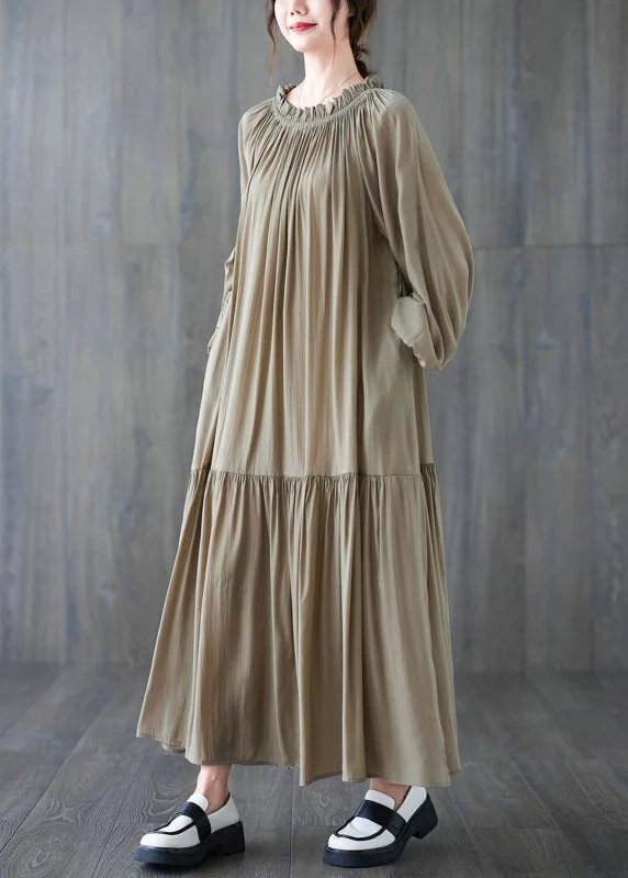 Natural Khaki Wrinkled Drawstring Chiffon Long Dress Long Sleeve GH1020 Tunics Spring floral
