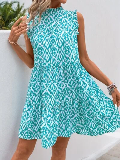 Perfee Printed Frill Sleeveless Mini Dress Elegant Satin Lace Mini Dress
