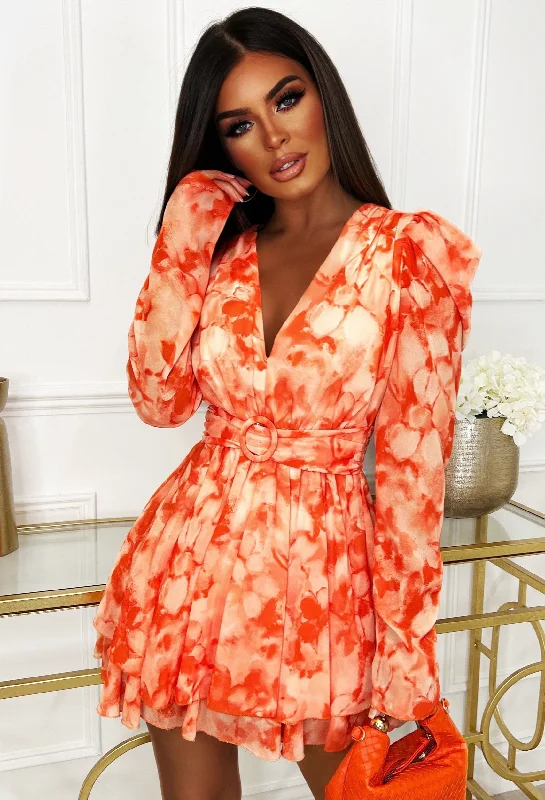 Chase Sunsets Orange Puff Sleeve Belted Mini Dress Elegant Satin Mini Dress