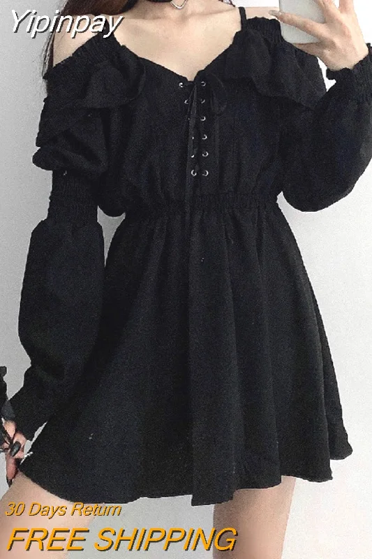Yipinpay Black Dress Women Casual Button Lace Evening Party Sexy Mini Dress Female Long Sleeve One-piece Dress Korean 2023 Autumn Fashionable Boho-Chic Mini Dress Yipinpay Black Dress Women Casual Button Lace Evening Party Sexy Mini Dress Female Long Sleeve One-piece Dress Korean 2023 Autumn Fashionable Boho-Chic Mini Dress