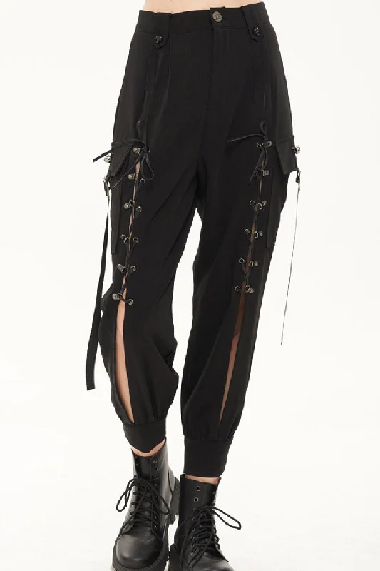 Black Punk Multi Pocket Skull Head Decoration Trouser Leg Opening Tie Women's Long Pants Trousers Seasonal Trendy