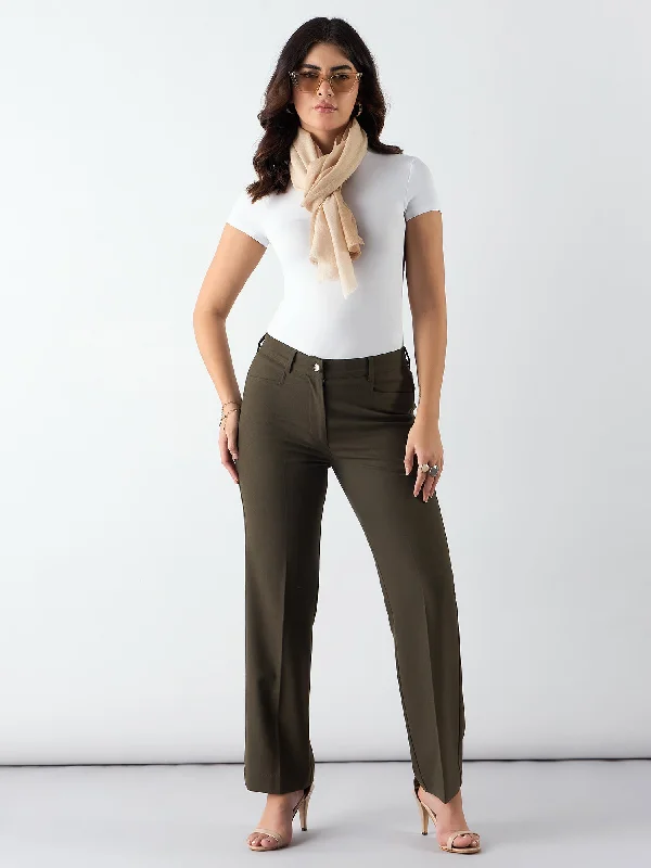 Olive Regular Fit Mid Waist Trouser In 4-Way Stretch Fabric Trousers Leisure Comfortable