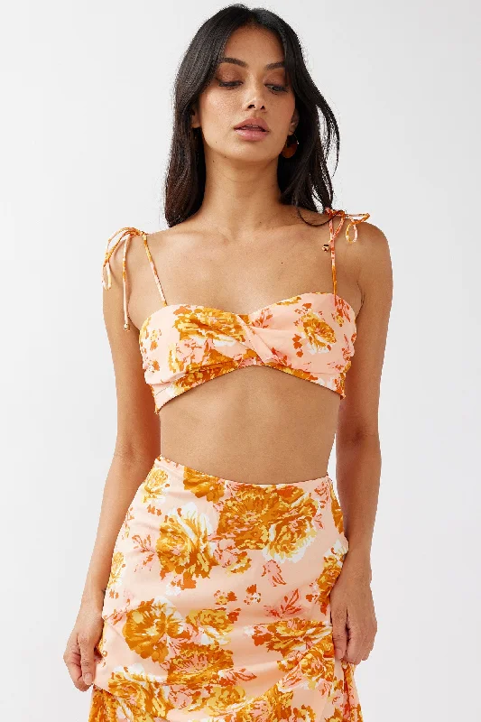 Gabbi Tied Shoulder Crop Top Floral Orange Zippered Front Buttoned Front Snap Front