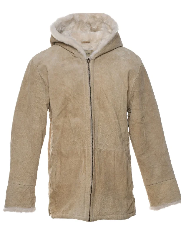 Hooded Suede Shearling Coat - L Tweed Herringbone Houndstooth