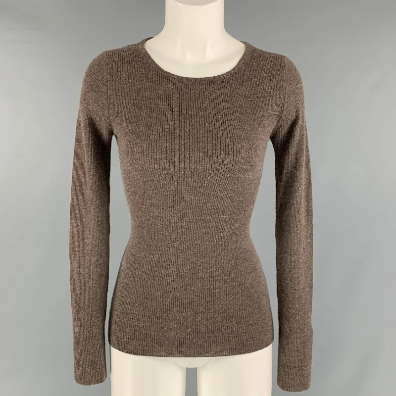 PLY CASHMERE Size S Brown Cashmere Ribbed Long Sleeve Pullover Halter Neck Top