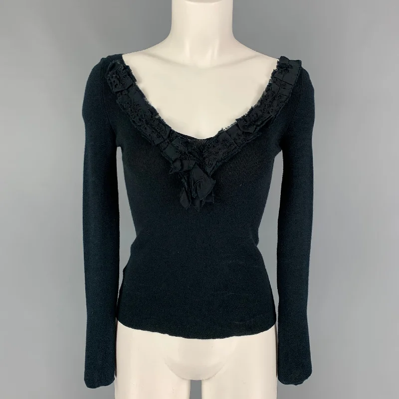 PRADA Size 4 Black Eylet Ribbon Pullover dolman Sleeve Top