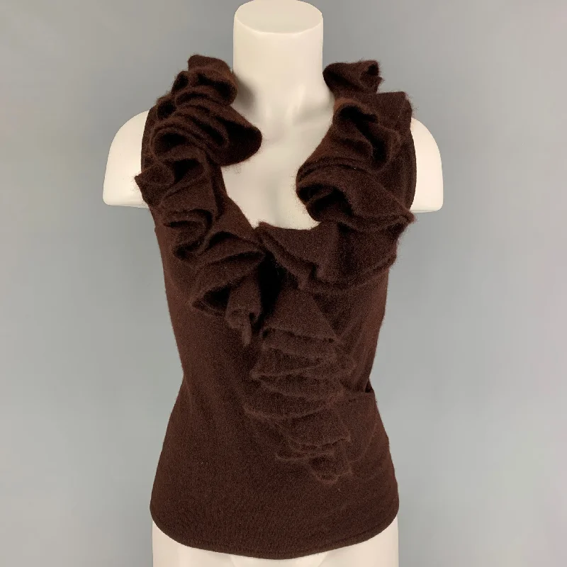 RALPH LAUREN Black Label Size M Brown Cashmere Ruffled Sleeveless Pullover Turtleneck Warm Pullover