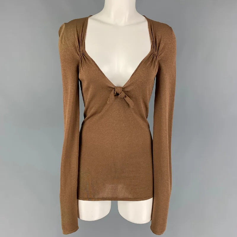 GUCCI Size S Copper Silk Blend Long Sleeve Pullover Cap Sleeve Casual
