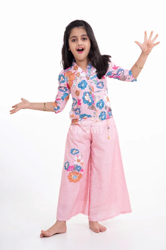 Pink Co-Ord Set for Girls - Linen Cotton Printed Crop Top & Palazzo Pant Cotton Fabric Linen Fabric Terry Fabric